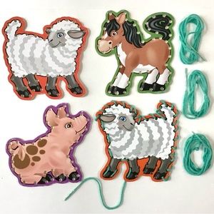 Lacing Cards Farm Animals Kids Activity Boards Sheep Horse Pig Lot Of 4 Retro